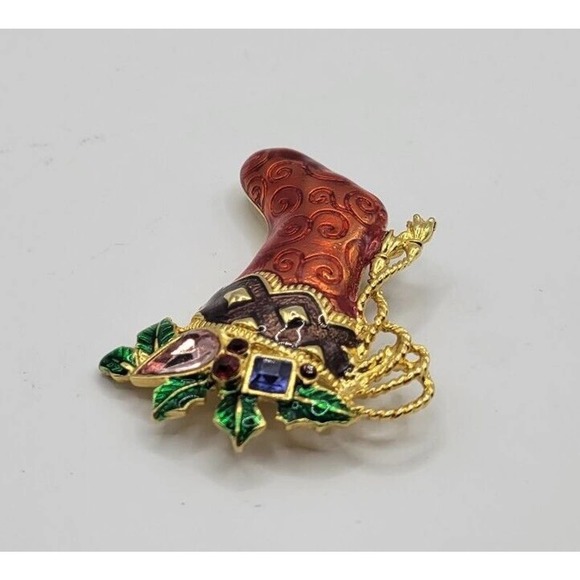 Christopher Radko Christmas Stocking Enamel Gold Tone Brooch Pin - Picture 4 of 7